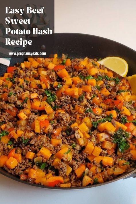 Healthy Pregnancy Breakfast, Pregnancy Breakfast, Potatoe Dinner Recipes, Sweet Potato Skillet Recipes, Sweet Potato Hash Recipe, Recipe Ground Beef, Sweet Potato Dinner, Sweet Potato Bowls, Crispy Beef