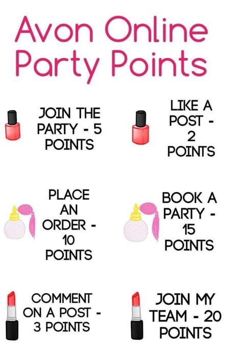 Avon Business Ideas, Avon Graphics, Avon Representative Business, Avon Party Ideas, Avon Facebook, Avon Marketing, Party Points, Avon Beauty Boss, Giveaway Ideas