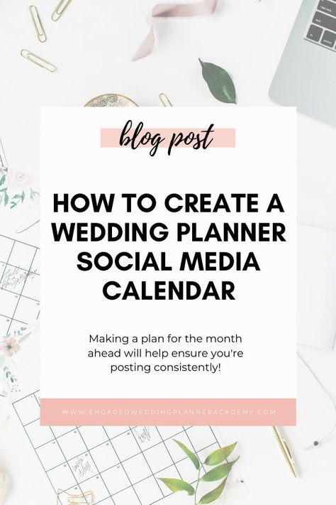 Posting consistently on social media leads to better engagement. The key to staying consistent is having a social media calendar. Here are some ideas for creating a monthly calendar to take your social media to the next level. | wedding planning business, wedding planner social media, wedding planner social media post, wedding planner social media content, social media calendar, wedding planner content ideas | #weddingbiz #weddingplanner #weddingplannersocialmedia #socialmediacalendar Wedding Planner Marketing, Wedding Planner Career, Wedding Planner Business, Wedding Planning Business, Social Media Content Calendar, Planner Tips, Social Media Calendar, Wedding Planning Guide, Instagram Wedding