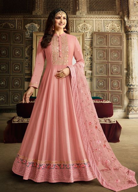 Silk Anarkali Suits, Prachi Desai, Pink Floor, Floor Length Anarkali, Pink Anarkali, Silk Anarkali, Designer Anarkali Suits, Designer Anarkali, Silk Bottoms