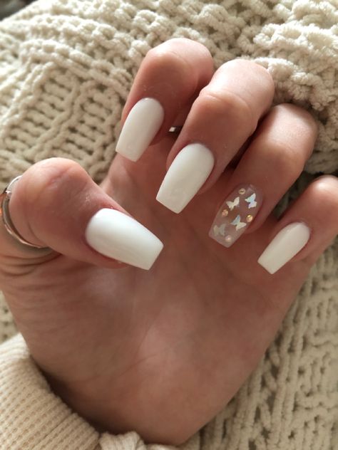 White Acrylic Nail Designs Coffin, Nail Ideas With White Base, Black Nails With White Butterflies, Fake Nails For School, Nails Acrylic Coffin Butterfly, Short Butterfly Nails Acrylics, Simple Nail Designs Coffin Shape, Christian Nail Ideas, Cute Nails Butterfly