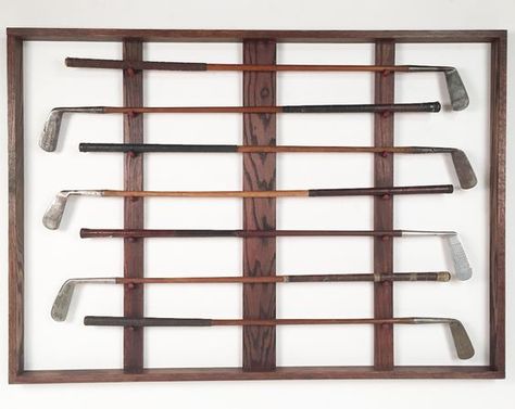 Lost Found Art - Antique Golf Club Display Antique Golf Club Display Wall Art, Hanging Golf Clubs On Wall, Antique Golf Club Display, Vintage Golf Club Display, Golf Club Wall Display, Golf Club Display On Wall, Golf Display Ideas, Club House Interior Design, Club House Interior