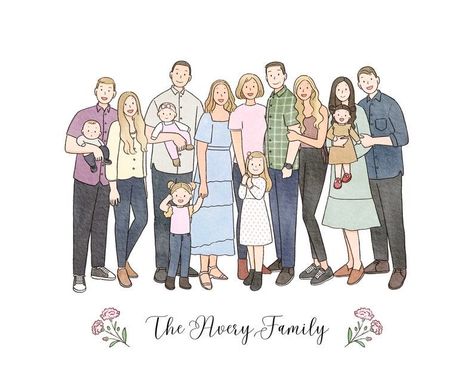 Family Drawing Illustration, Physical Drawing, Illustrated Family Portrait, Family Portrait Drawing, Flowers Simple, Family Portrait Poses, Disney Princess Fashion, Family Drawing, Family Cartoon