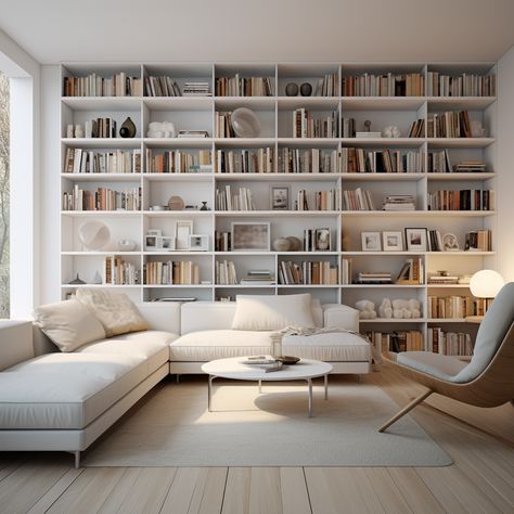 Living Room Library Ideas Modern, Library Room Aesthetic Modern, Built In Bookshelves Aesthetic, Built In With Seating, White Bookshelves Living Room, Minimalist Library Design, Library In Home Aesthetic, Home Library Aesthetic Modern, Neutral Home Library