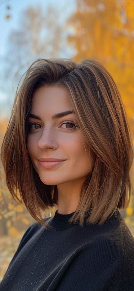 Short Fine Brown Hair, Medium Short Straight Haircut, Short Haircut Ideas For Straight Hair, Strait Hair Haircut, Short Hair Brown Highlights, Face Shape Guide Hairstyles, Below Collar Bone Length Hair, Brown Hair Bob Medium, Brown Lob With Highlights