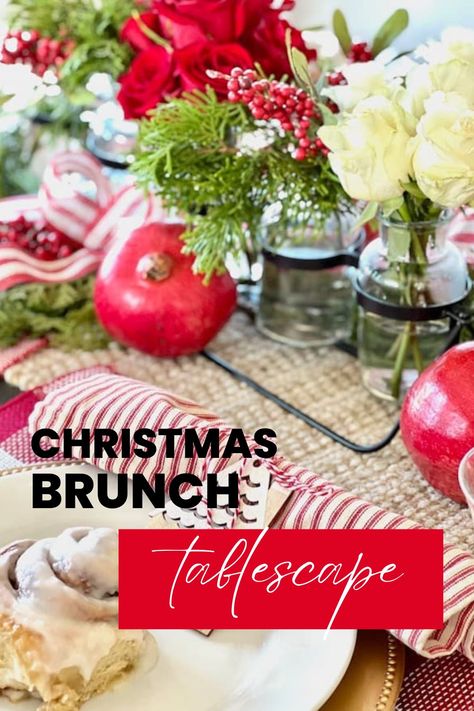 Create a beautiful table for your Christmas brunch to treat your guests to red and white Christmas cheer. These simple table decor ideas will transform your Christmas party into a Christmas wonderland. Christmas Breakfast Buffet Table Ideas, Christmas Breakfast Tablescape, Table Settings For Christmas Tea, Christmas Breakfast Party Decorations, Christmas Bridal Brunch Ideas, Brunch Christmas Ideas, Christmas Breakfast Table Decorations, Christmas Brunch Table Settings, Christmas Brunch Decor Ideas