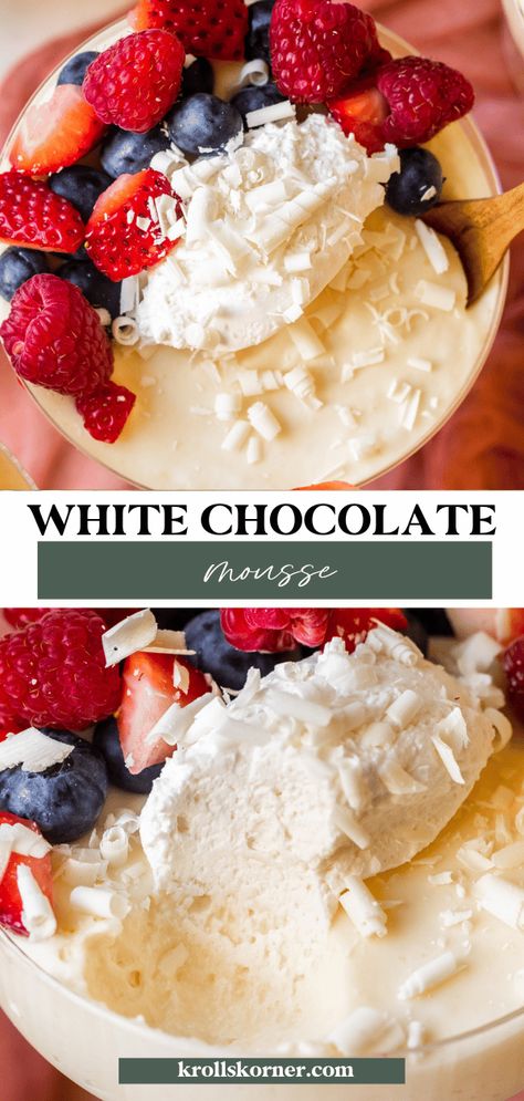 Strawberry White Chocolate Mousse, White Chocolate Cream Pie, White Chocolate Mascarpone Mousse, Essen, Easy White Chocolate Mousse, White Chocolate Mousse Cake Filling Recipe, White Chocolate Cremeux Recipe, White Chocolate Mousse Cake Filling, Egg White Mousse