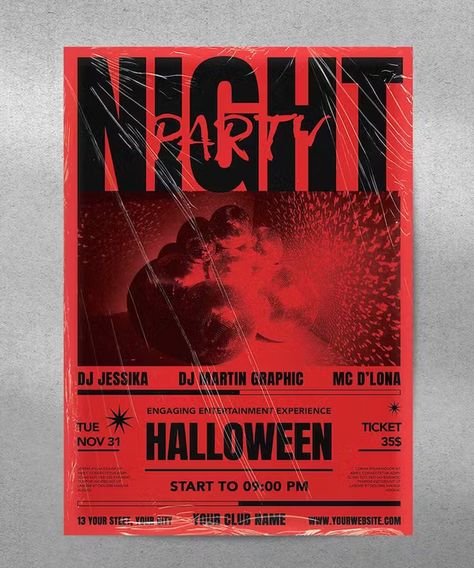 Halloween Night Party Flyer Template PSD Halloween Flyer Ideas, Halloween Flyers Ideas, Horror Design Ideas, Black And White Flyer Design, Halloween Event Flyer, Halloween Party Poster Design, Halloween Party Flyer Design, House Party Poster, Dj Party Poster