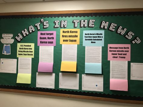 What's in the news? Current events/news bulletin board School Events Bulletin Board, Teacher Union Bulletin Board, Sixth Form Display Board, News Board Classroom, Classroom News Bulletin Board, Current Events Bulletin Board Ideas, Newspaper Bulletin Board Ideas, School Information Bulletin Board Ideas, Informational Bulletin Board Ideas