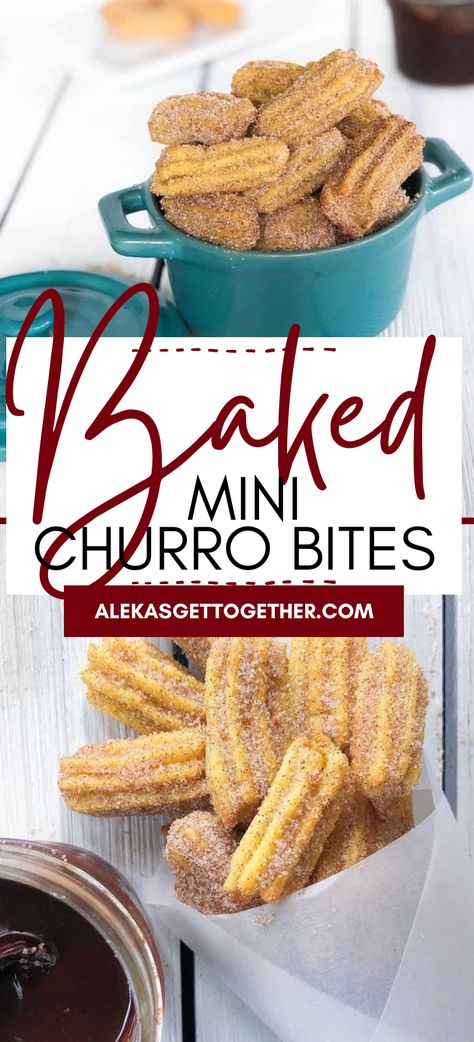 Pound Cake Churro Bites, Bites Size Desserts, Oven Baked Churros, Angel Food Cake Churro Bites, Mini Churros Recipe, Donut Bites Recipes, Bit Size Desserts, Baked Churro Bites, Churro Cheesecake Bites