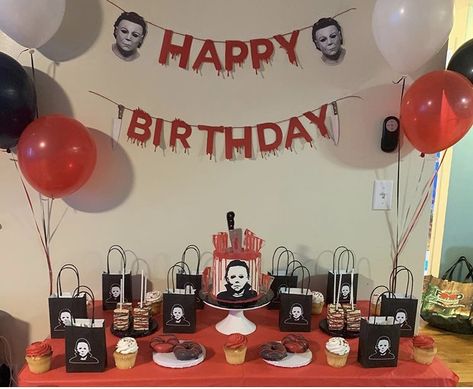 Michael Myers Party Decorations, Michael Myers Themed Birthday Party, Michael Myers Birthday Party Decorations, Michael Myers Party Ideas, Michael Myers Themed Party, Michael Myers Birthday Party Ideas, Michael Myers Birthday Cake, Michael Myers Birthday Party, Michael Myers Birthday