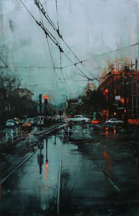 The Edge of Realism | Lindsey Kustusch | "First Rain": Lindsey Kustusch, First Rain, Arte Peculiar, Sketch Portrait, Instagram Drawing, Artist Instagram, Landscape Beautiful, City Painting, Practice Exam