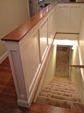 Staircase Design Ideas, Inspiration, Pictures and Remodels Bookcase Stair Railing, Open Basement Stairs In Kitchen, Condo Entryway, Open Basement Stairs, Half Wall Ideas, Open Basement, Basement Stairs Ideas, Stairs In Kitchen, Open Stairs