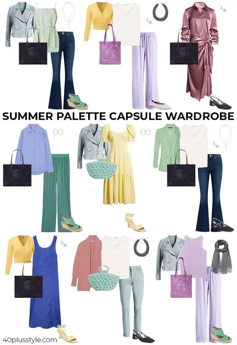 Summer House Of Colour Outfits, Cool Summer Palette Capsule Wardrobe, True Summer Color Palette Outfits Capsule Wardrobe, Light Summer Style Outfit, True Summer Clothes, Summer Palette Capsule Wardrobe, Summer Pallete Outfits, Cool Summer Color Palette Wardrobe, House Of Colour Summer Outfits