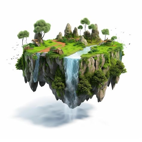 A floating island with a waterfall and t... | Premium Photo #Freepik #photo #ecosystem #environment-ecology #eco #environment Floating Island Fantasy Art, Floating Islands Fantasy Art, Hallelujah Mountains, Floating Waterfall, 3d Island, Pond Drawing, Ecosystems Projects, Sky Island, Floating World