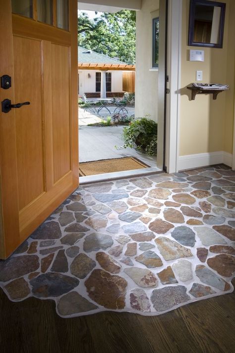 entryway...awesome way to incorporate stone work Transition Wood To Tile Floor, Flagstone Entryway, Tile Entryway Transition To Wood, Earthen Floor, Tile To Wood Transition, Fireplace Floor, Stone Entryway, Rock Floor, Entryway Tile