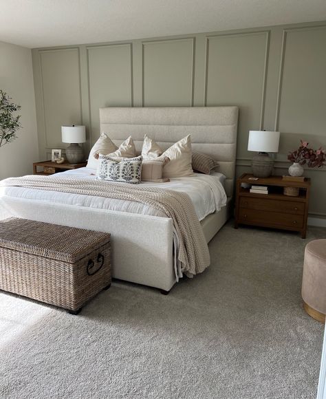 Jogging Path Paint, Beige Upholstered Bedroom Ideas, Beige Bed Frame Room Ideas, Upholstered Headboard Bedroom Ideas, Cream Upholstered Bed, Upholstered Headboards Bedroom, Beige Upholstered Headboard, Jogging Path, Beige Upholstered Bed