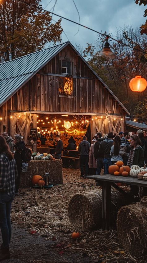 Autumn Evening Gathering: Guests enjoying a cozy autumn evening at a rustic barn decorated with pumpkins and lights. #autumn #evening #gathering #barn #pumpkins #aiart #aiphoto #stockcake ⬇️ Download and 📝 Prompt 👉 https://ayr.app/l/YYRq Halloween On The Farm, Halloween Barn Party, Fall Fair Games, Fall Festival Aesthetic, Autumn Hayride, Fall Greenhouse, Halloween Barn, Barn Cafe, Halloween Farm