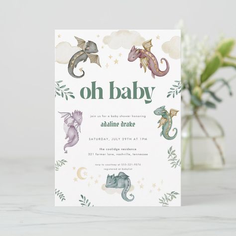 Dragon Baby Shower Invitations, Medieval Baby, Fairytale Baby Shower, Dragon Baby Shower, Dragon Nursery, Forest Baby Showers, Fairytale Nursery, Dragon Party, Baby Shower Invitaciones