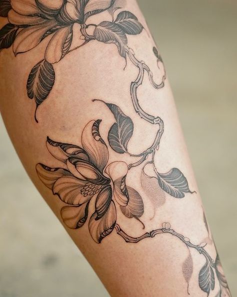 Black Background Floral Tattoo, Ginger Lily Tattoo, Magnolia Cover Up Tattoo, Botanical Tattoo Filler, Heavy Shading Tattoo, Organic Tattoo Nature, Magnolia Chest Tattoo, Basil Flower Tattoo, Brown Floral Tattoo