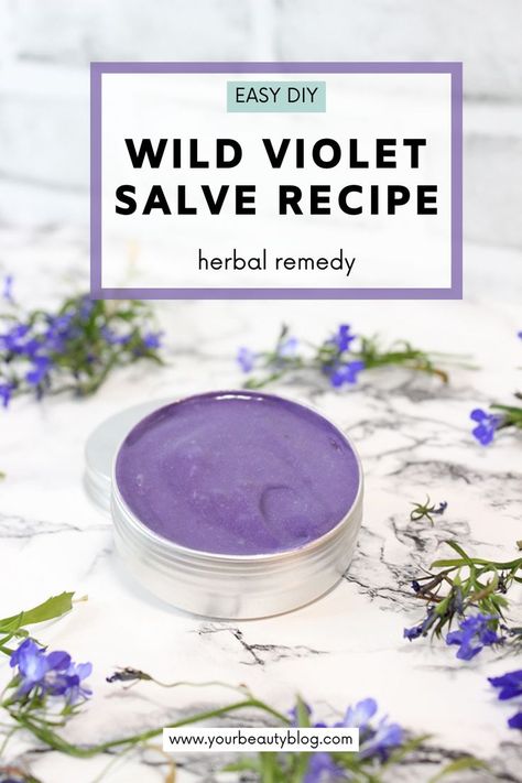 Looking for a natural solution for skincare? Try our Violet Salve Recipe! Made with healing herbs and plant-based remedies, this DIY salve nourishes and soothes your skin. Embrace the beauty of homemade skincare with wild violet benefits. #VioletSalveRecipe #NaturalSkincare #HerbalMedicine Mullien Leaf Salve, Diy Herbal Salves, Mullein Salve Recipe, Mint Salve Recipe, Goldenrod Salve Recipe, Wild Violet Recipes, Diy Salves And Balms, Violet Salve, Diy Salve