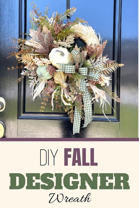 close up image of a fall wreath in muted fall tones. The wreath base is made of light almost white straw then the ferns and other leaves are all in light breen shades, light browns and light pinks, white berries through out, the main focal point of the wreath is made of a white pumpkin and a light green pumpkin, a beige gourd and a green and white checkered bow. Straw Wreath Ideas, Making Fall Wreaths, Wreath Making Business, Mantle Decorating, Straw Wreath, Wreath Maker, Floral Picks, Craft Show Ideas, Muted Tones