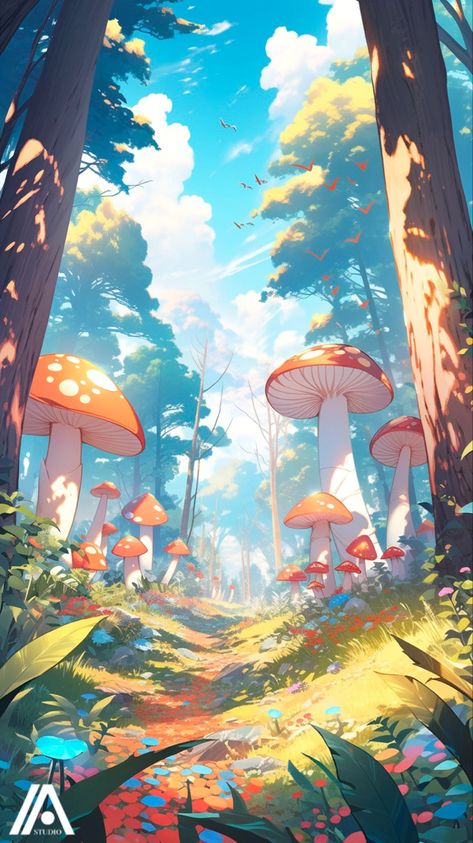 Mushroom Landscape Art, Mushroom Forest Concept Art, Mythical Places Art, Mushroom Nature Drawing, Fairy Background Drawing, Enchanted Forest Digital Art, Mystical Forest Illustration, Fairy Forest Illustration, Magical Forest Concept Art