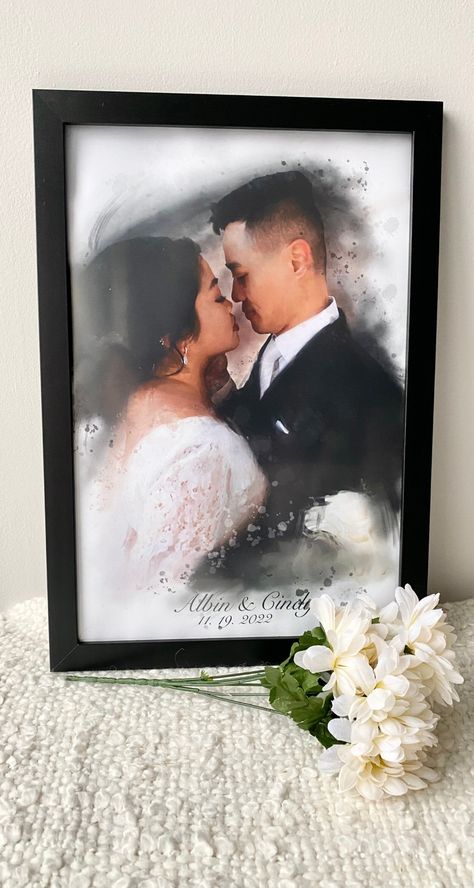 Custom Wedding Photo Portrait Painting Couple Gift for Her - Etsy Canada Photo Frame Ideas, Painting Couple, Wedding Photo Gift, Wedding Artwork, Couple Gifts For Her, Custom Portrait Painting, Minimalistic Art, Framed Wedding Photos, Custom Watercolor Portrait