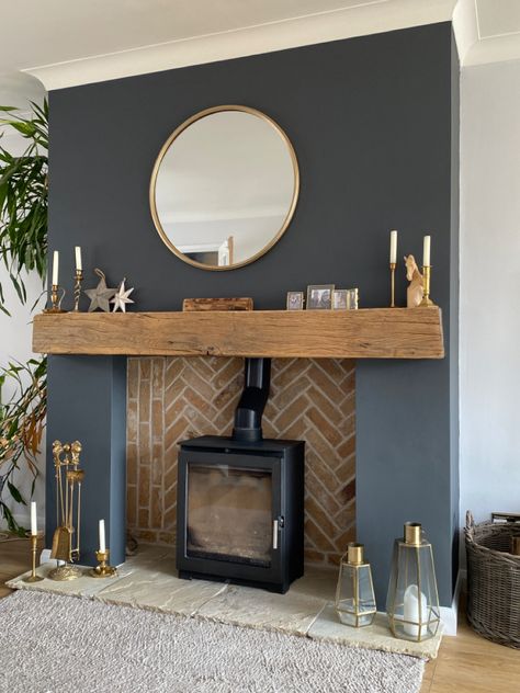 New open fire place. Oak beam. Wood burner. Herringbone brick slips. Painted in Dulux Cannon Ball Brick And Oak Fireplace, Statement Wall Living Room Fireplace, Fireplace Ideas Flat Wall, Fireplace Colour Ideas, Panelled Walls With Fireplace, Dark Chimney Feature Wall, Herringbone Chimney Wall, Living Room Log Burner Decor, Log Burner Styling