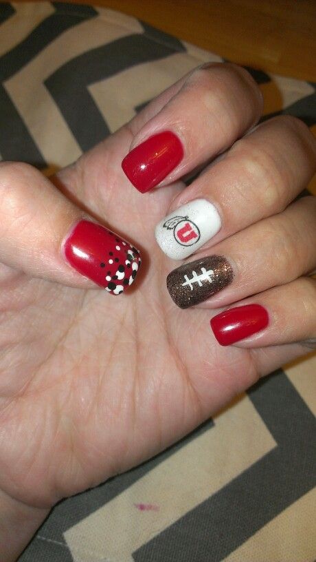 Utah Utes football nails University Of Utah Football Nails, University Of Utah Nails, Utah Utes Nails, Utah Nails, Sport Nails, Football Nail Designs, Utah Utes Football, Utah Football, Sports Nails