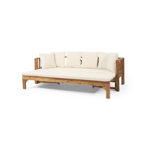 This charming piece can be converted into a daybed that offers an irresistible space for lounging. Beach Sofa, Teal Cushions, Patio Daybed, Wood Daybed, Outdoor Daybed, Best Outdoor Furniture, Convertible Sofa Bed, Outdoor Couch, Pool Furniture