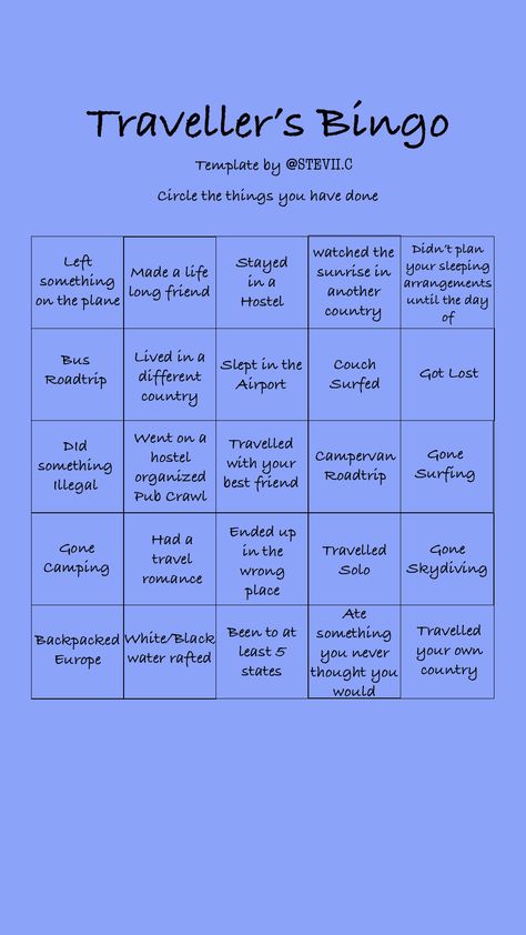 Travel Bingo for Instagram Stories! Circle all the things you have done! #instagram #instagramstories #instagramstory #Bingo #travelbingo #travel #stayathome #selfisolating #travelbucketlist Travel Bingo For Adults, South Africa Trip, New Zealand Trip, Travel Bingo, Bangkok Trip, Vacation On A Budget, Travel In India, Travel Instagram Ideas, Vietnam Trip