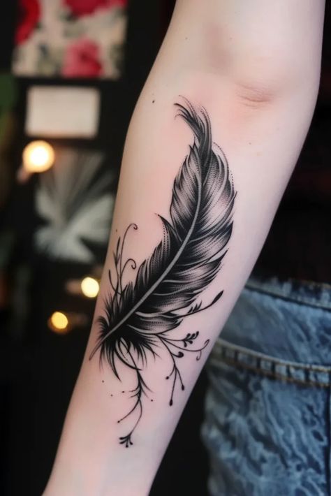 3 Feathers Tattoo, Feather Forearm Tattoo Women, Hawk Feather Tattoo Feminine, Feather Tattoo Design For Women Cover Up, Feather Wrist Tattoos For Women Cover Up, Twisted Feather Tattoo, Black And Gray Feather Tattoo, Feather Meaning, Feather Tattoo Meaning