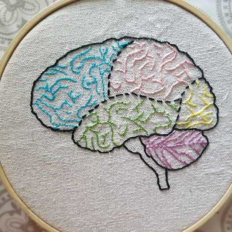 Lobes of the brain Science Embroidery Ideas, Brain Embroidery Pattern, Psychology Embroidery, Embroidery Science, Biology Embroidery, Brain Cross Stitch, Brain Embroidery, Science Embroidery, Medical Embroidery