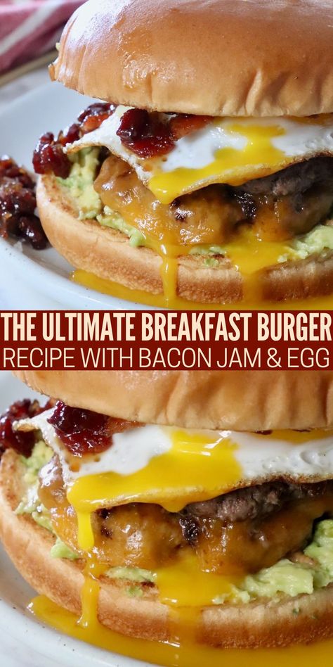 Dig into the most amazing burgers for breakfast with this Breakfast Burger recipe! This incredibly delicious burger starts with ground beef and breakfast sausage patties, topped with cheese, fried eggs, bacon jam, and avocado, for an explosion of flavor! Pork Sausage Burgers, Breakfast Hamburger Recipes, Breakfast Burgers Ideas, Breakfast Burger Ideas, Brunch Burger Recipe, Brunch Burgers, Pork Sausage Patties, Breakfast Burger Recipe, Breakfast Hamburger