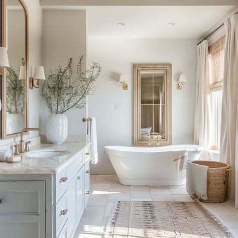 Simple ways to create a calming bathroom retreat. Master Bath Shelving Ideas, Free Standing Tub With Chandelier, Windowless Master Bath, Calm House Aesthetic, Airy Master Bath, Natural Bathrooms, Timeless Master Bath, Light And Airy Bathroom, Freestanding Bathtub Ideas