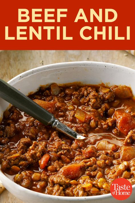 Beef Lentil Soup, Beef And Lentil, Beef Chili Crockpot, Lentil Chili Recipe, Curry Chili, Soup Curry, Chili Food, Lewiston Idaho, Delicious Chili Recipe