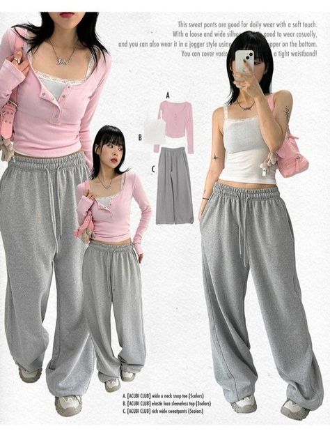 Ulzzang Sweatpants Outfit, Acubi Fit Ideas, Acubi And Coquette, Acubi Sweat Pants, Grey Tops Outfit, Acubi Coquette Fashion, Sweatpants Outfit Coquette, Cute Acubi Outfits, Grey Top Outfit Ideas