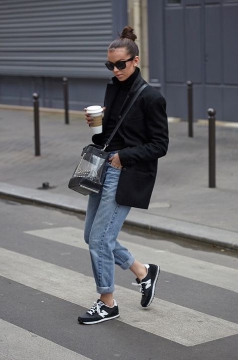 Shop this look on Lookastic:  http://lookastic.com/women/looks/sunglasses-coat-turtleneck-boyfriend-jeans-athletic-shoes-crossbody-bag/9414  — Black Sunglasses  — Black Coat  — Black Wool Turtleneck  — Light Blue Boyfriend Jeans  — Black and White Athletic Shoes  — Transparent Rubber Crossbody Bag Black Sport Shoes Outfit, Black Sports Shoes Outfit, Trainers And Jeans Women Outfit, Blue Jeans Sneakers Outfit, Black Athletic Shoes Outfit, Black And White Tennis Shoes Outfit, Black Sneaker Outfits Women, Black Shoes Outfit Sneakers, Blue Shoes Outfit Sneakers