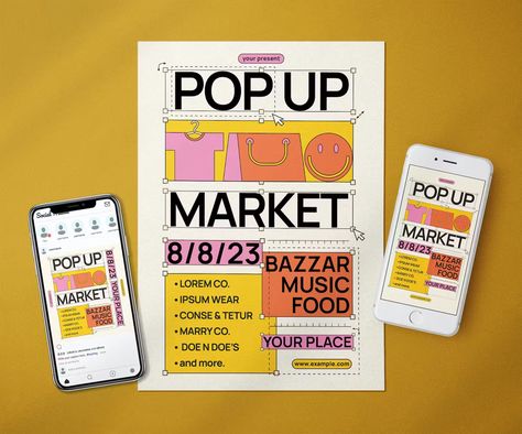 Pop Up Market Flyer Template AI, EPS, PSD + Instagram Post and Story Design Pop Up Shop Poster Design, Popup Poster Design, Pop Up Flyer Ideas, Pop Up Store Poster Design, Pop Up Graphic Design, Instagram Story Promotion Design, Pop Up Market Poster, Instagram Event Post, Pop Up Store Poster