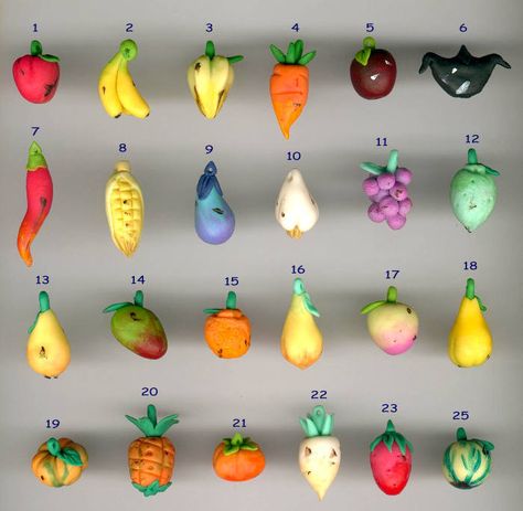 Adorable fruit & veggie beads made with Makin's Clay® no bake, air dry polymer clay - http://www.asiantradebeads.com/html/clsn.html Fruit Clay Art, Air Dry Clay Fruit, Clay Fruits And Vegetables, Clay Fruit Magnets, Polymer Clay Cane Fruit, Polymer Clay Fruit, Air Dry Polymer Clay, Clay Fruit, Craft Hobbies