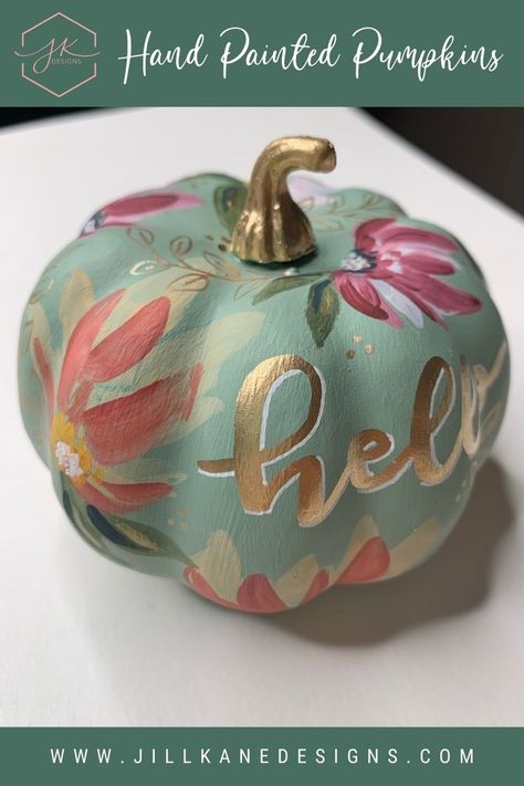 Fall Pumpkins Painting, Pumpkin Painting Party, Unicorn Pumpkin, Fall Pumpkin Crafts, Hand Painted Pumpkin, Modern Hand Lettering, Halloween Pumpkins Painted, Floral Pumpkin, Painted Pumpkin