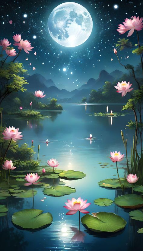 Lotus Flower Wallpaper, Lotus Flower Painting, Lotus Flower Pictures, Lotus Art, Moon Painting, Abstract Art Wallpaper, Cute Flower Wallpapers, Wallpaper Nature Flowers, Landscape Art Painting