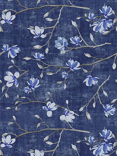 Dark Blue Floral Background, Strong Features, Open Flower, Magnolia Blossom, Texture Wallpaper, Metallic Wallpaper, Delft Blue, Porcelain Blue, Accent Wallpaper