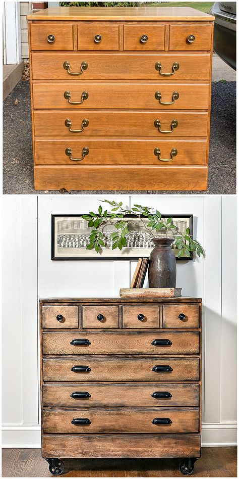 A small dated dresser gets an aged industrial makeover with paint and black metal castor wheels! #furnituremakeover #industrialfurniture #diyfurniture Dresser As End Table Living Rooms, Black Refurbished Dresser, Western Dresser Diy, Refurbished Furniture Before And After, Flipped Furniture Before After, Furniture Projects Repurposed, Wooden Dresser Makeover, Modern Furniture Flip, Rustic Dresser Makeover