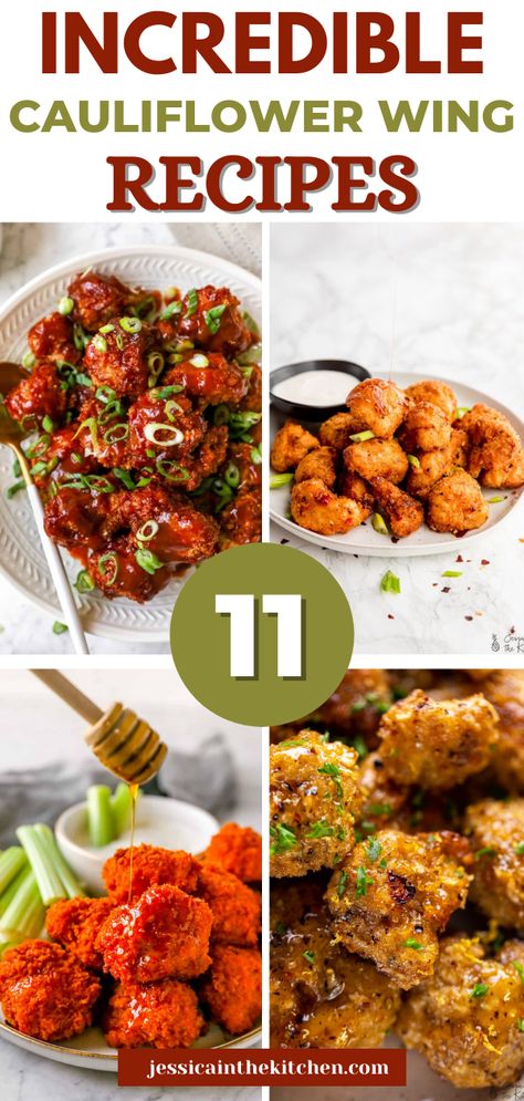 These are my top 11 Cauliflower Wing Recipes with delicious homemade sauces and seasonings! Take your tailgate to the next level with these crispy, saucy roasted cauliflower bites in an array of flavours from traditional buffalo to a homemade takeout version of General Tso’s. Cauliflower Chicken Wings, Cauliflower Wing Recipes, Cauliflower Wings Recipes, Hot Honey Cauliflower, Cauliflower Hot Wings, Wings Recipe Oven, Pescatarian Dishes, Homemade Takeout, Vegan Cauliflower Wings