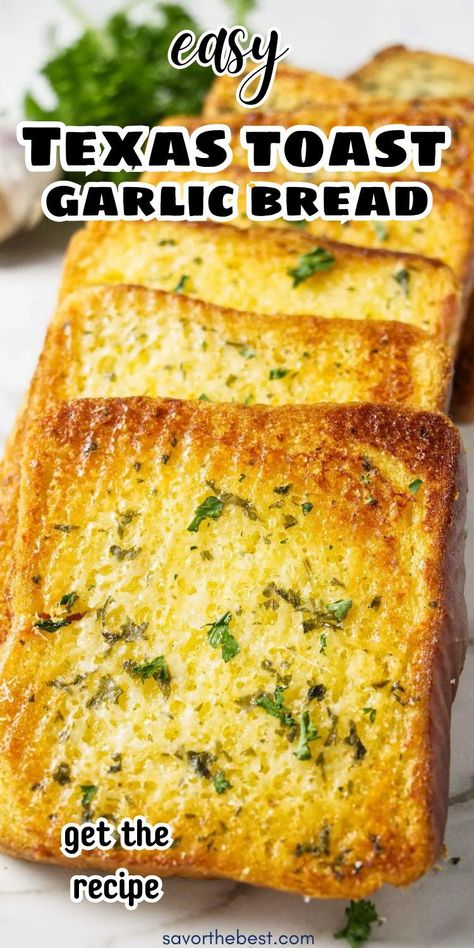 Crisp, crunchy, Texas Toast Garlic Bread is our latest obsession.  Full of garlic-y flavor and served piping hot, this homemade Texas Toast bread is the best accompaniment to any meal! It’s so simple to make and is the perfect spin on classic garlic bread. Homemade Texas Toast, Toast Garlic Bread, Garlic Toast Recipe, Texas Toast Bread, Texas Toast Garlic Bread, Best Homemade Bread Recipe, Make Garlic Bread, Garlic Toast, Homemade Garlic Bread