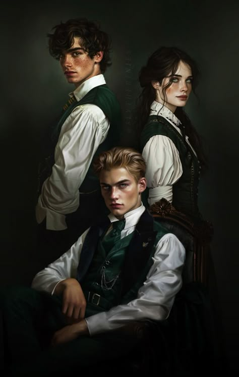 ella peverell, sebastian sallow and ominis gaunt | shadow trio, 1892.  image created on midjourney and edited on photoshop by me, characters from hogwarts legacy and my mc from my fanfic. Wizard Harry Potter, Fanart Characters, Gaunt Family, Hogwarts Character, Characters For Books, Book Character Art, Film Characters, Me In Characters, Mc Hogwarts Legacy