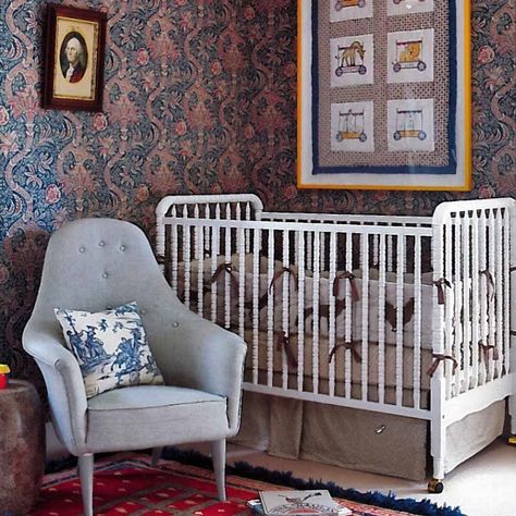 This fun nursery in a 1960’s house in historic Litchfield County mashes up #mod with #williammorris wallpaper and a #moroccanrug and is #georgewashington approved! Pic by @dunesandduchess @mpproductions for @nehomemagazine #williammorriswallpaper #toile #countrylife Wallpaper Rooms, Nursery Daybed, Heather Wallpaper, Bright Nursery, Kids Rooms Inspo, New England Home, Fun Nursery, New England Homes, Nursery Inspo