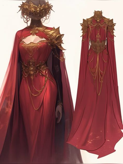 Fire Kingdom Clothes, Red Elf Dress, Red Fantasy Dress Drawing, Red Fantasy Clothes, Warrior Dress Goddesses, Red And Gold Fantasy Dress, Dnd Dress Design, Autumn Court Fashion, Fire Themed Dress